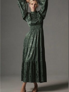 Anthropologie Forest Green Smocked-Waist High Neck Maxi Dress